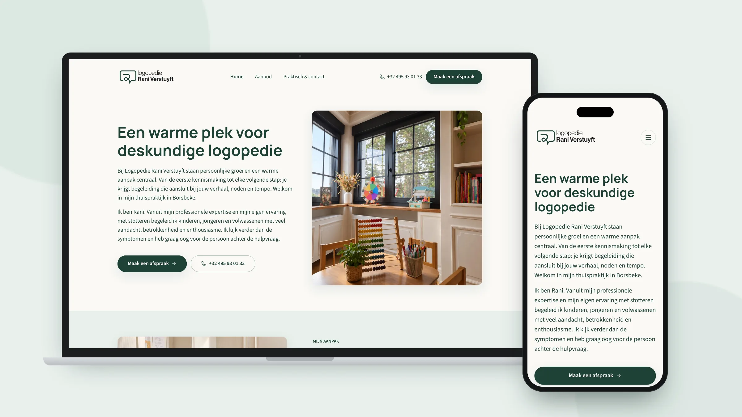 Logopedie Rani Verstuyft - Warme website voor een thuispraktijk in Borsbeke project case door Hugarro AI Agency